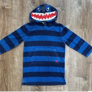 Mini Boden Boys, Size 9-10y Toweling Hoodie Swim Cover Up, Blue Stripe SHARK